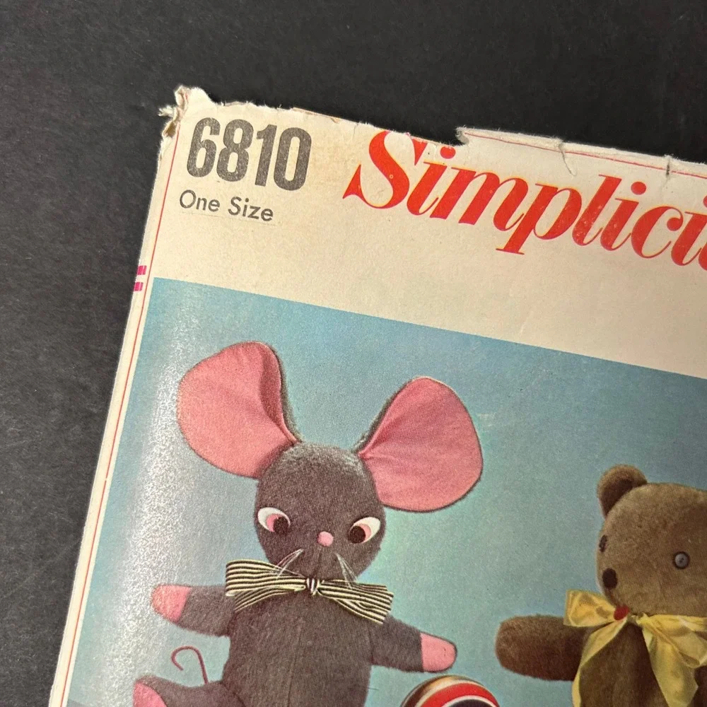 Vintage 60's Simplicity Stuffed Toy Sewing Pattern OS Dog Mouse Bear